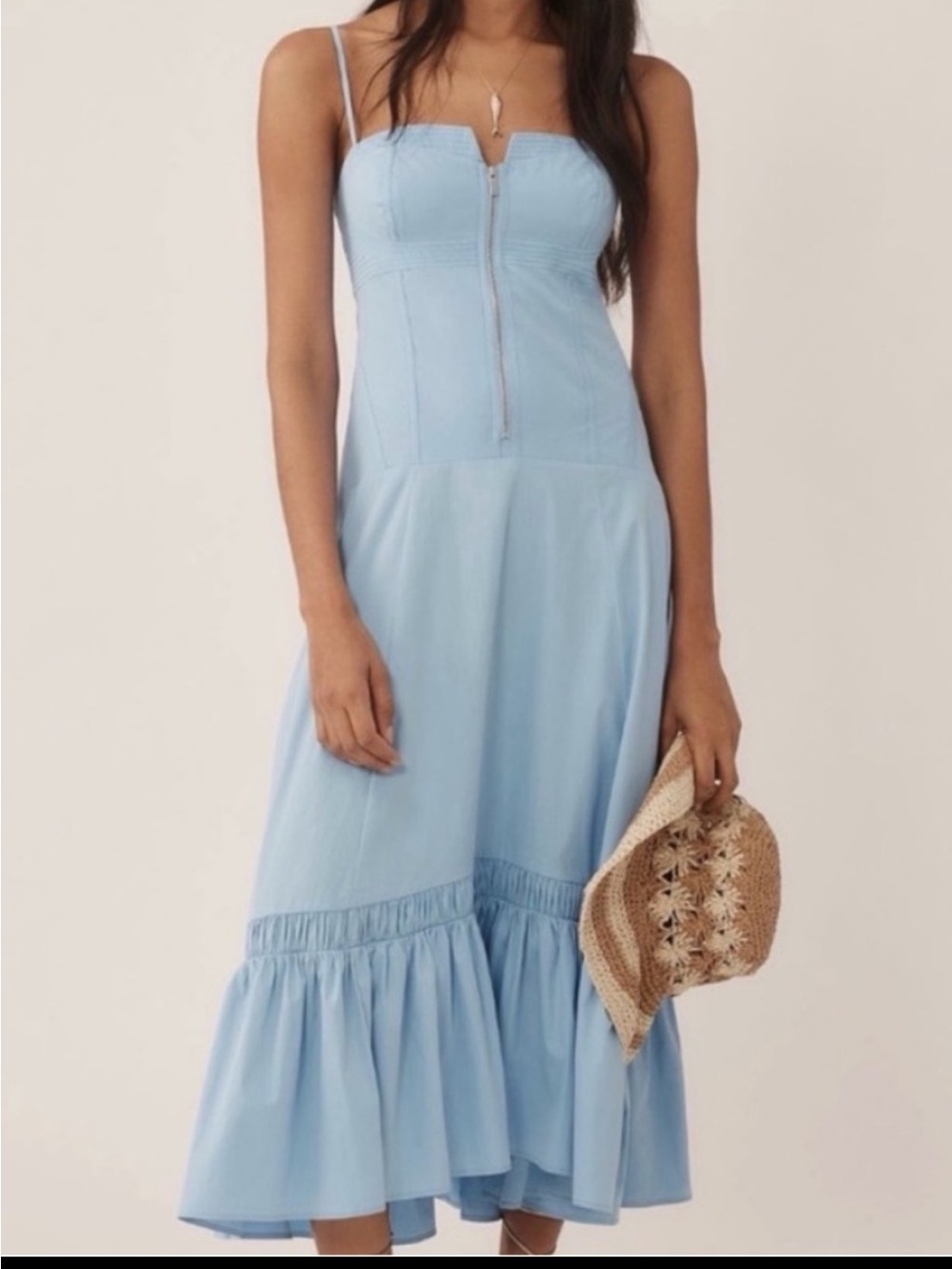 NWT Anthro Zip-Front Ruffle-Hem Bustier Top Midi Sun Summer Dress, L